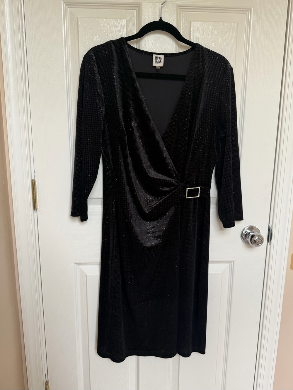 Anne Klein Black Sparkle Wrap Dress with Buckle